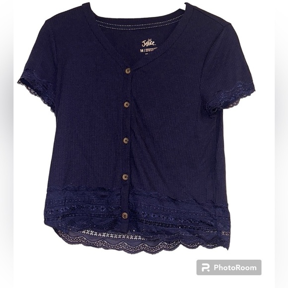 Justice Other - Justice navy blue lace trim size 14 v neck‎ button front top July 4th Summer